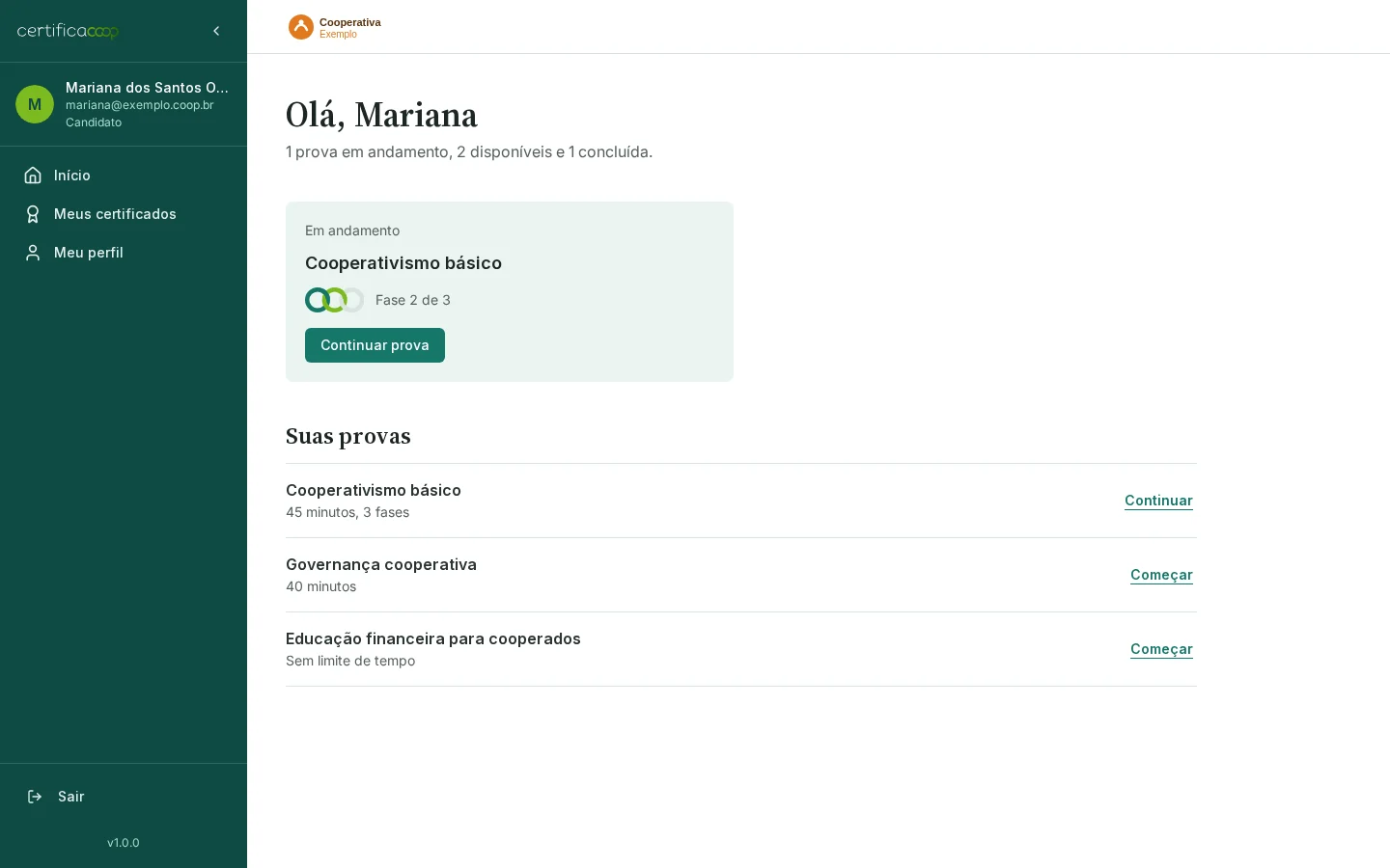 Início do candidato com a prova em andamento e a lista de provas