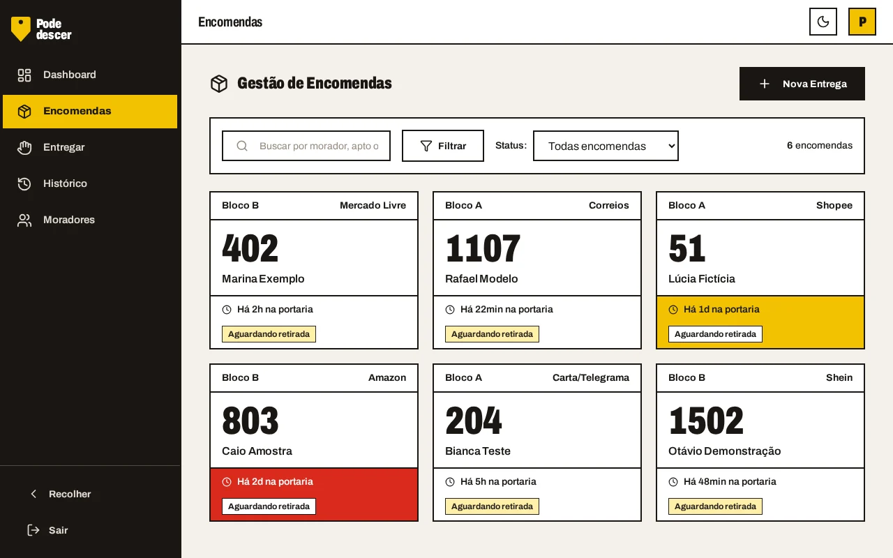 Painel de encomendas da portaria no tema claro
