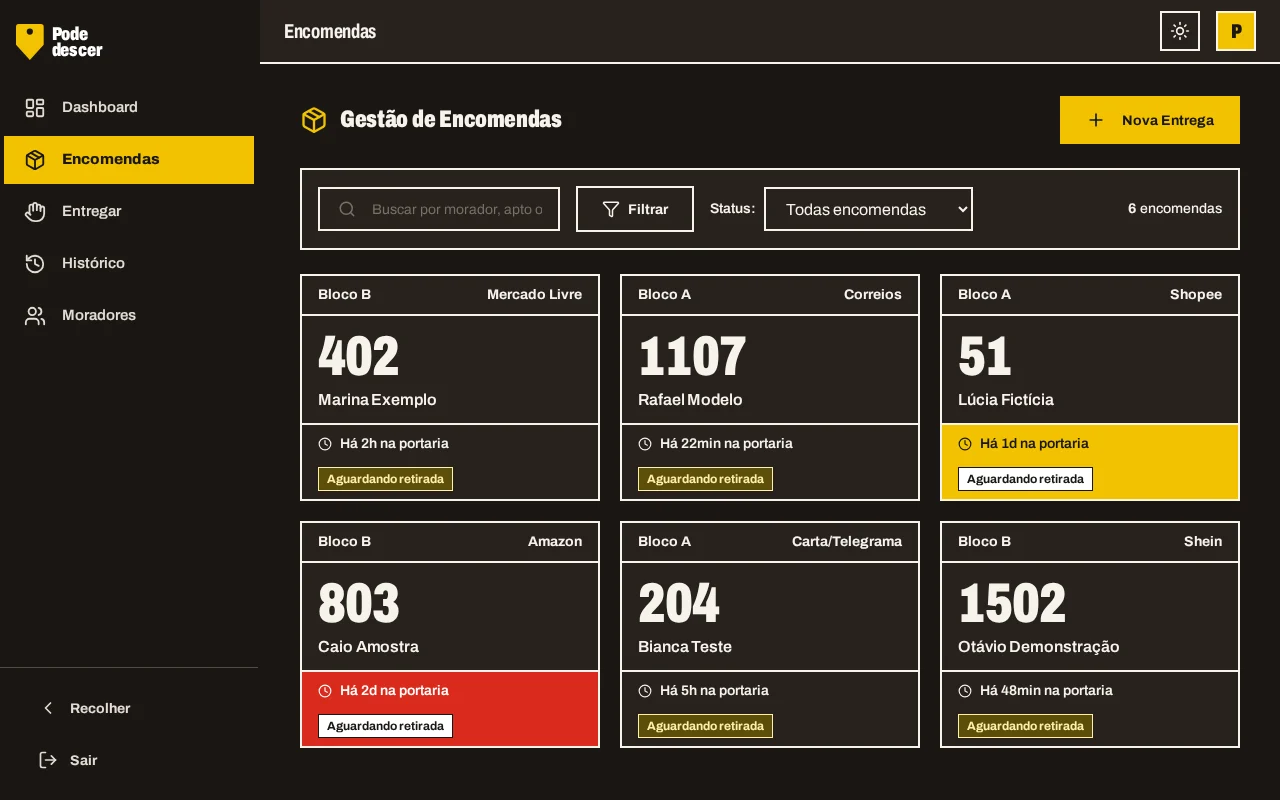 Painel de encomendas da portaria no tema escuro