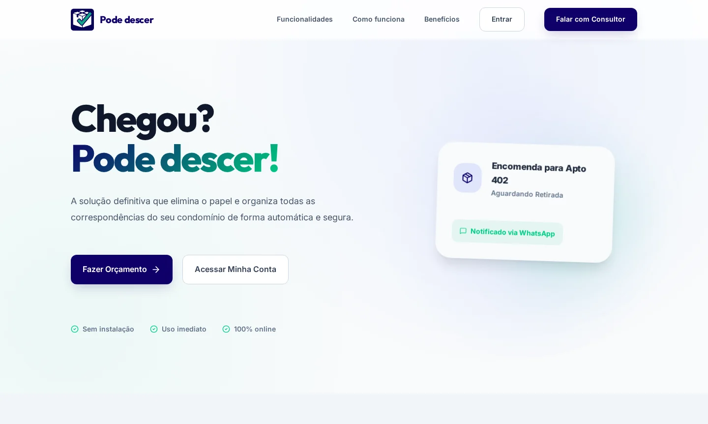 Página inicial antiga do Pode Descer, em azul e verde com cartão flutuante