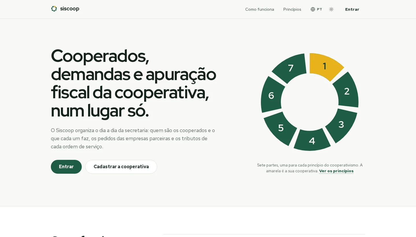 Página inicial nova do Siscoop, com a roda de sete partes ao lado do título