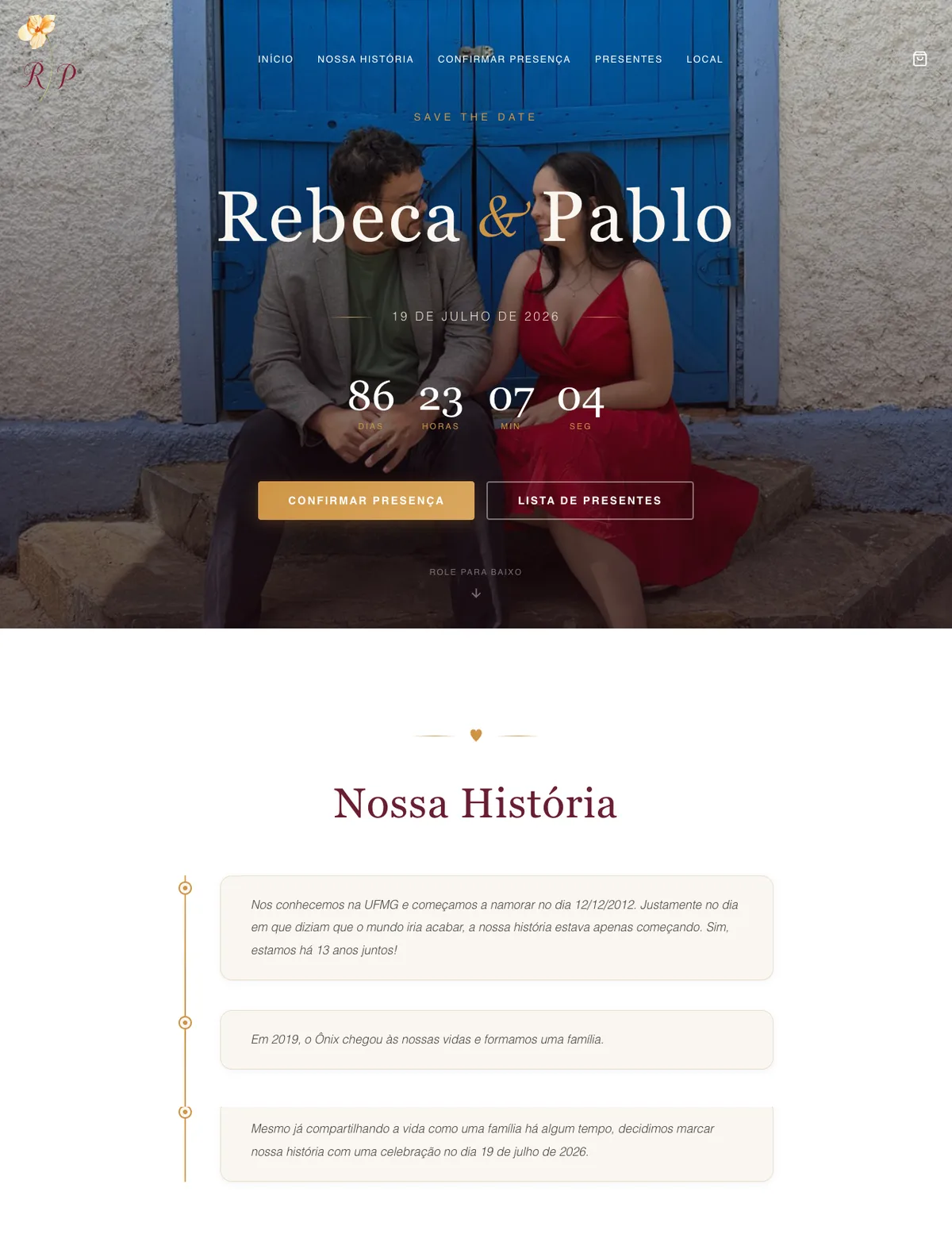 Hero da landing page com foto do casal, save the date e contagem regressiva