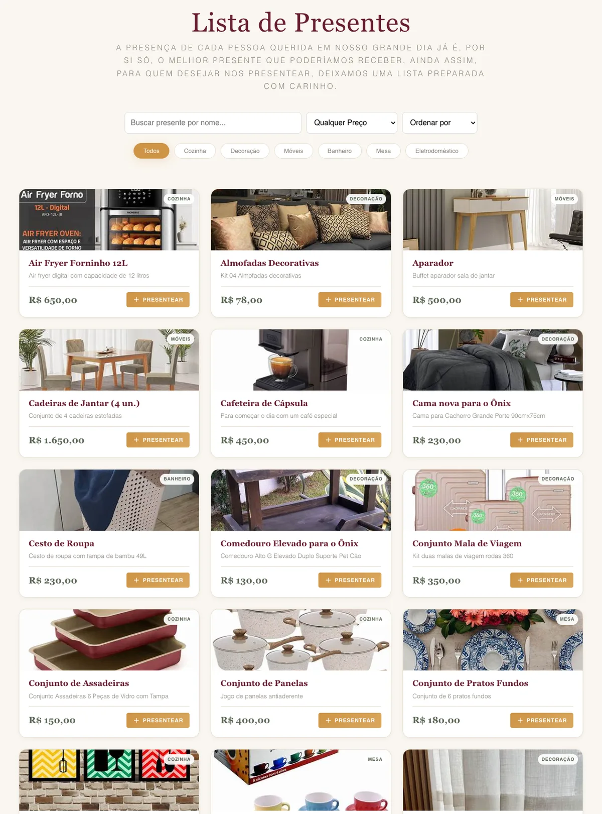 Seção de lista de presentes com filtros e cards