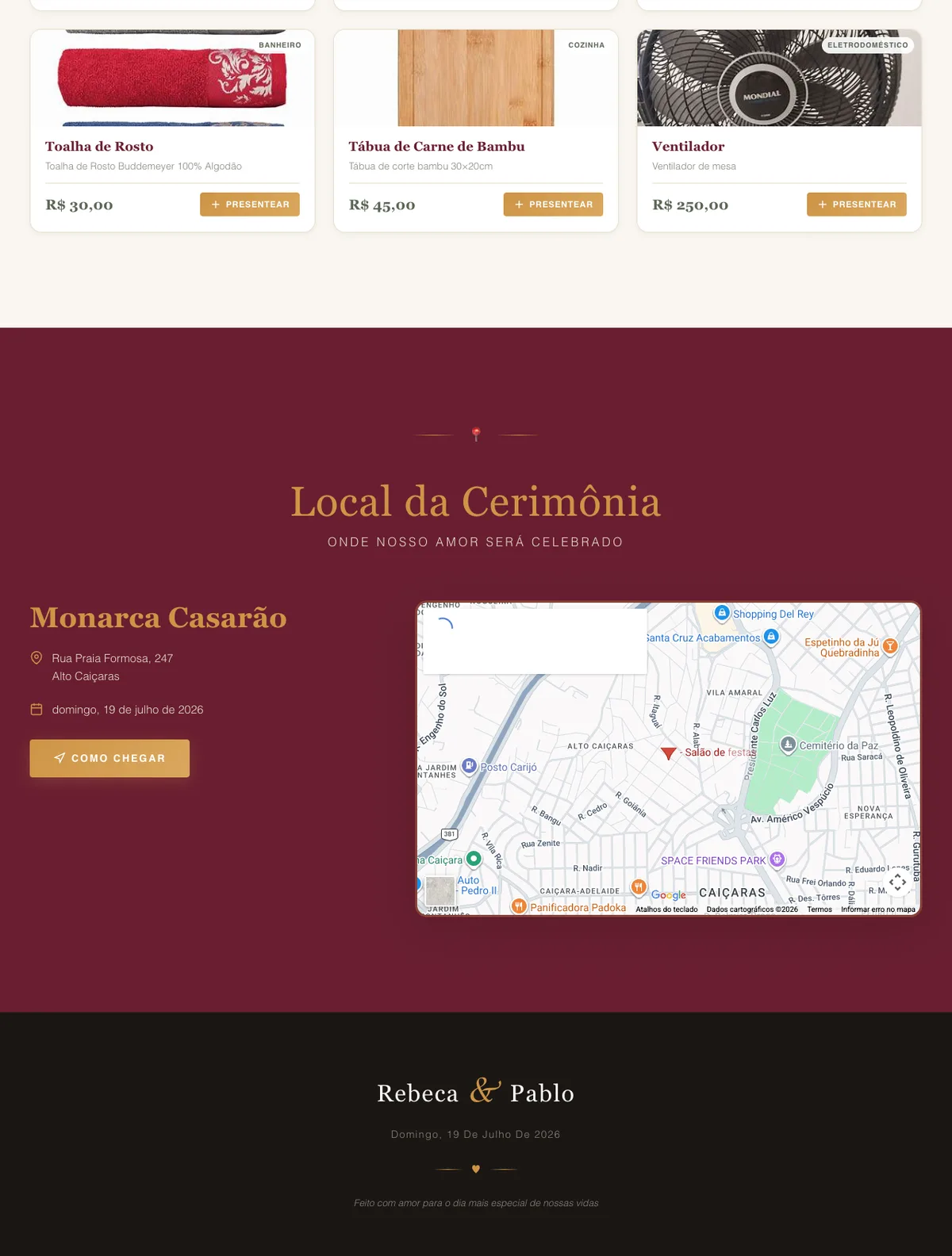 Local da cerimônia com mapa e CTA de navegação