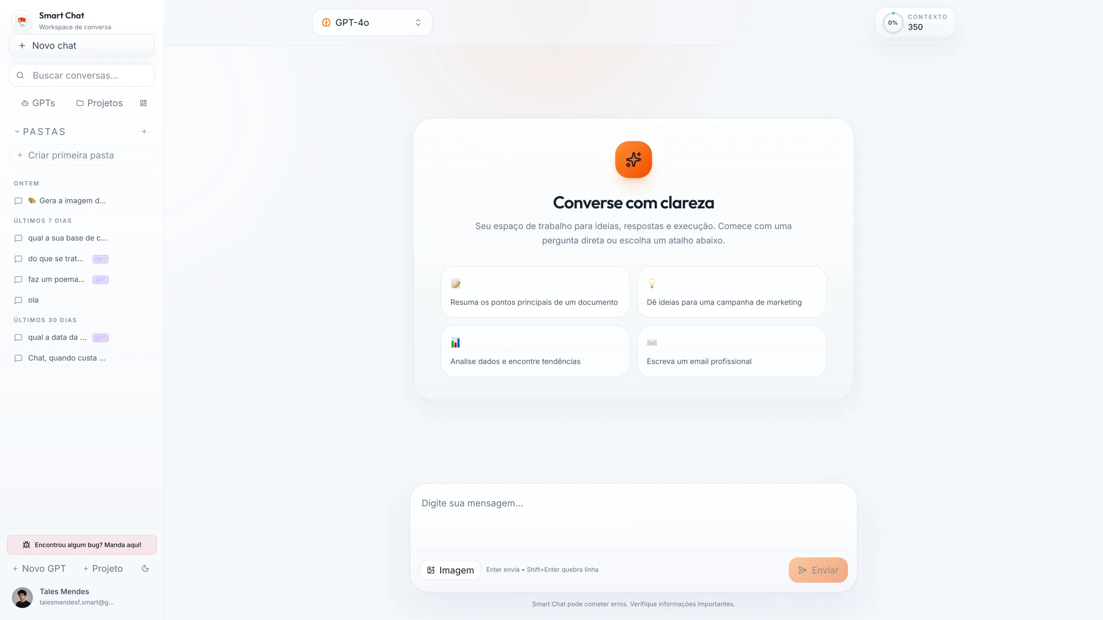 SmartChat — tela inicial do chat (tema light)